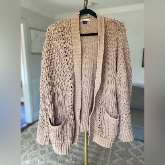 American Eagle Chunky Knit Cardigan Open Front Pockets Beige L Cozy Buttery Soft - Picture 2 of 8